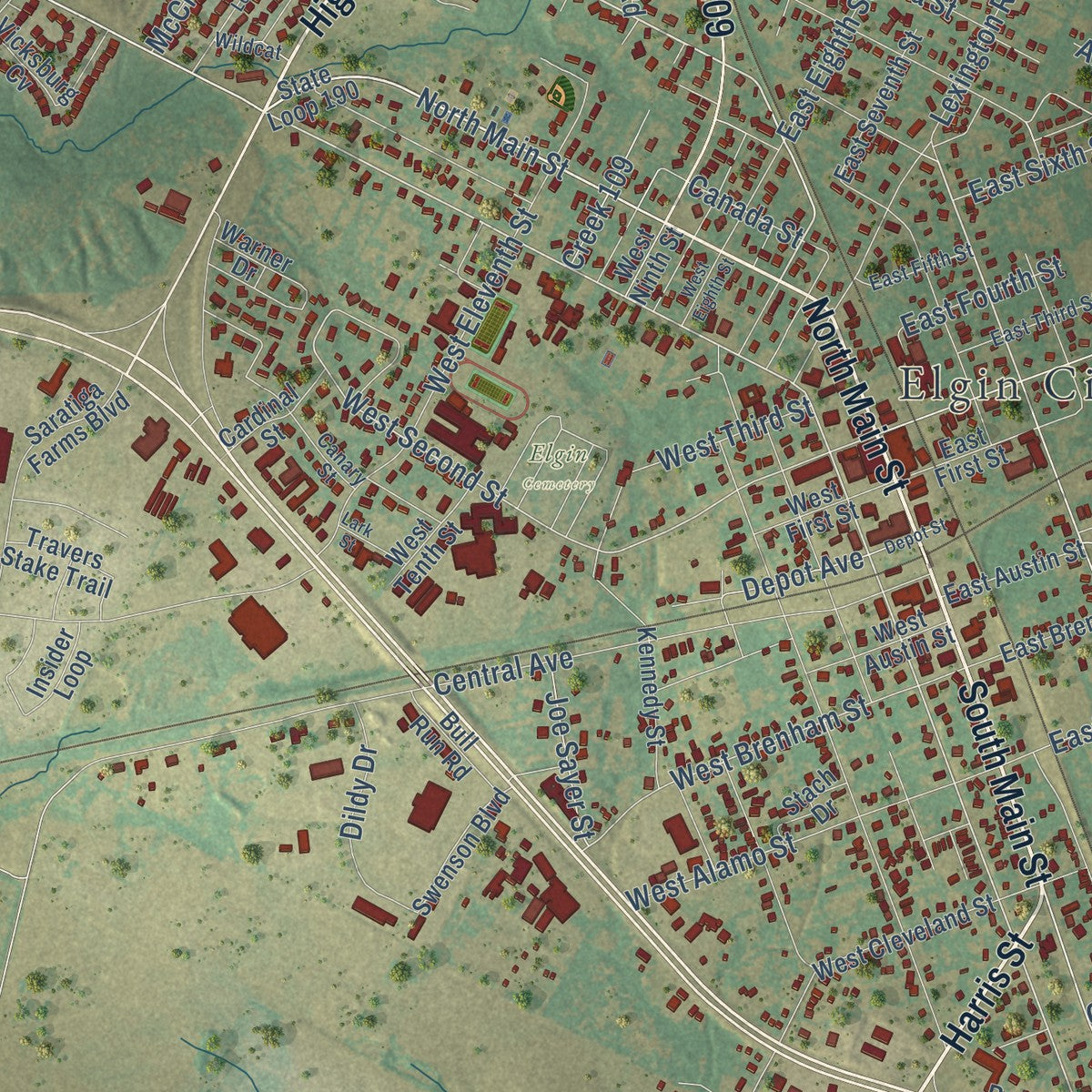 Close-up of the map of Elgin, Texas print showing street and building detail