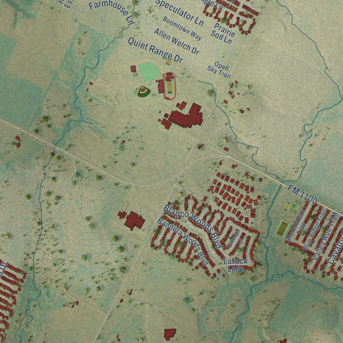 Second close-up of the map of Elgin, Texas print showing more streets and buildings