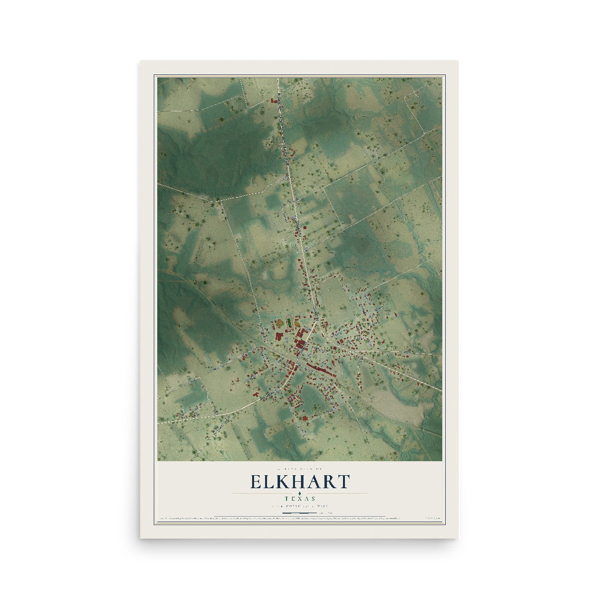 Map of Elkhart, Texas, 12 x 18 inch unframed archival matte print