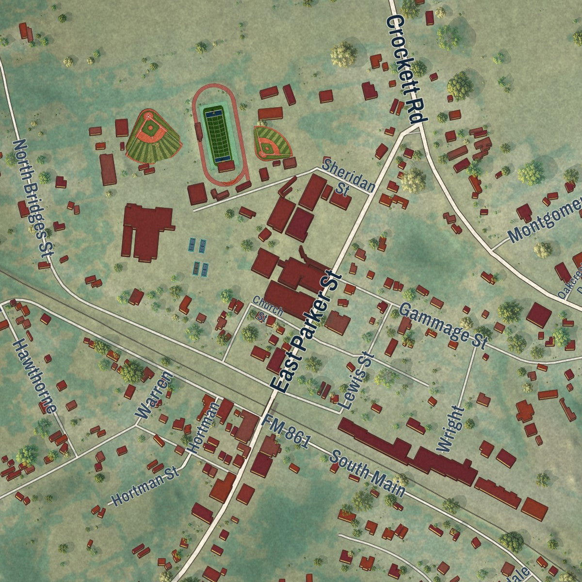 Close-up of the map of Elkhart, Texas print showing street and building detail