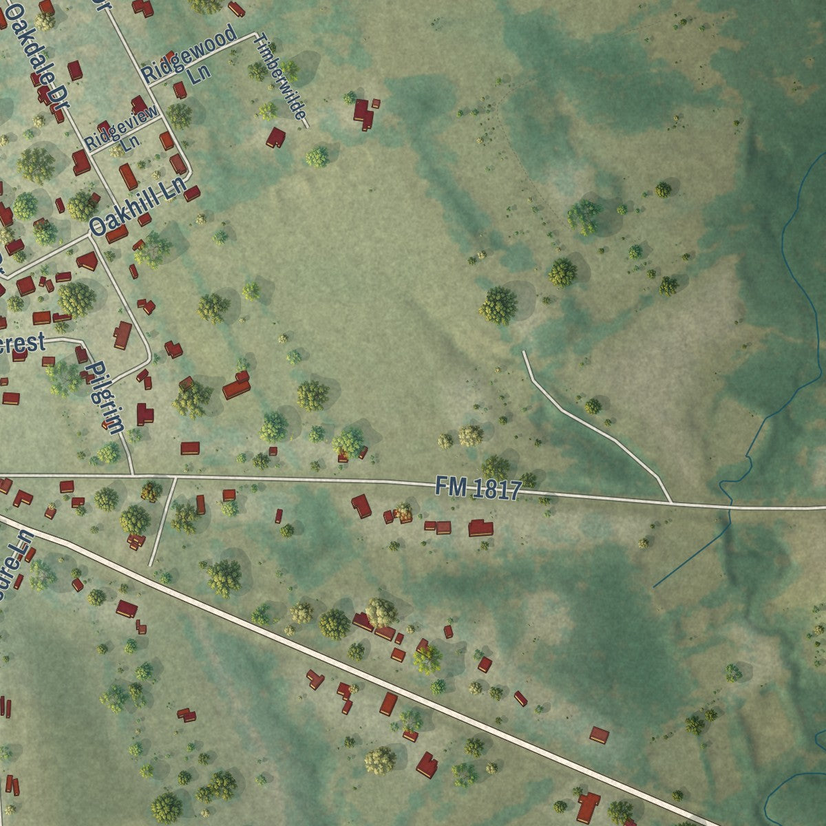 Second close-up of the map of Elkhart, Texas print showing more streets and buildings