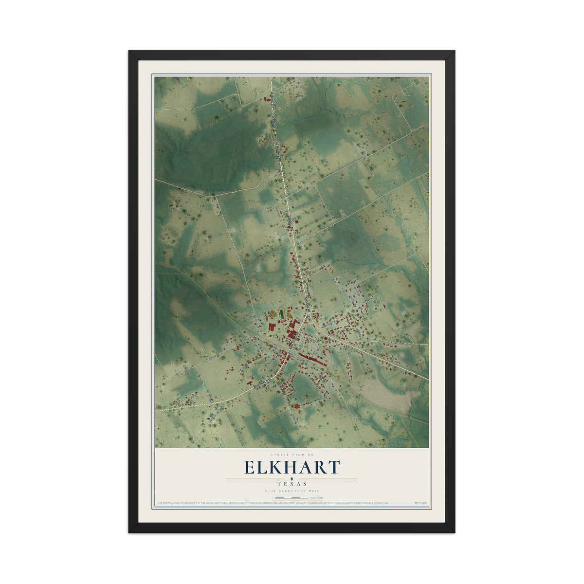Map of Elkhart, Texas, 12 x 18 inch print in a black wood frame