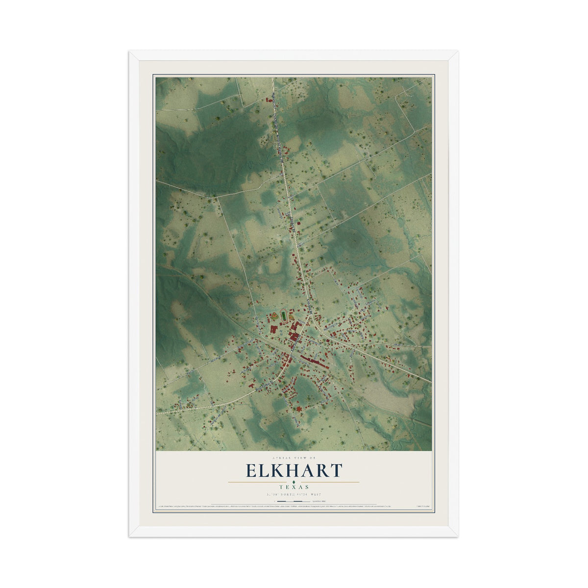 Map of Elkhart, Texas, 12 x 18 inch print in a white wood frame