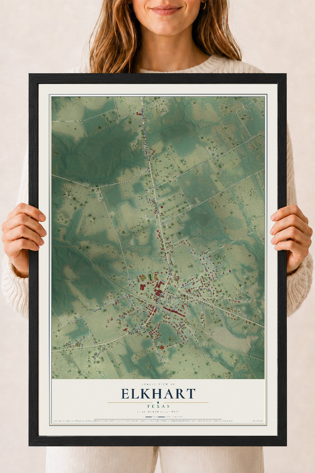 Map of Elkhart, Texas, 18 x 24 inch print in a black wood frame