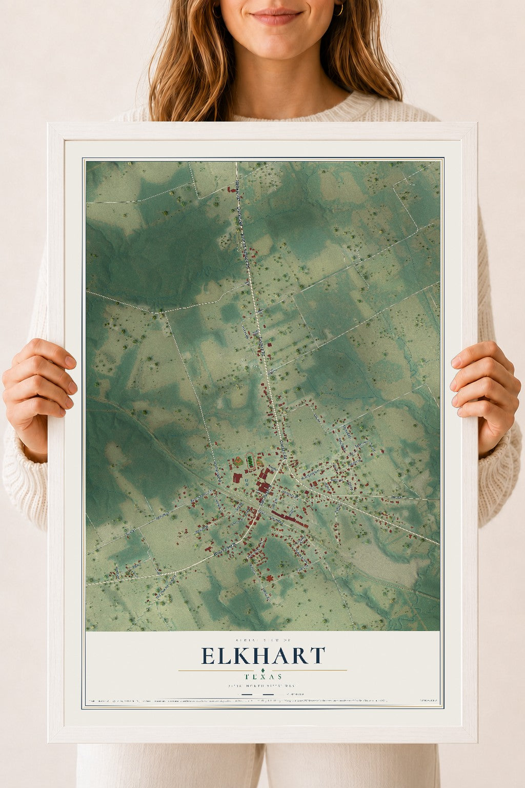 Map of Elkhart, Texas, 18 x 24 inch print in a white wood frame