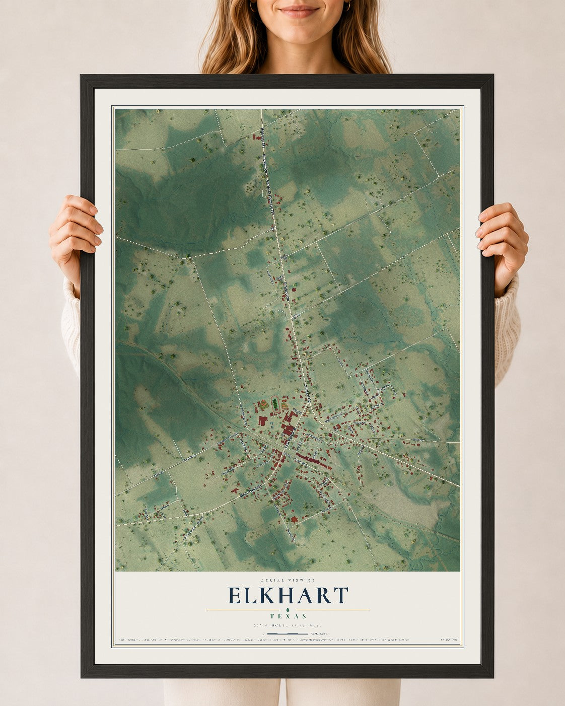 Map of Elkhart, Texas, 24 x 36 inch print in a black wood frame