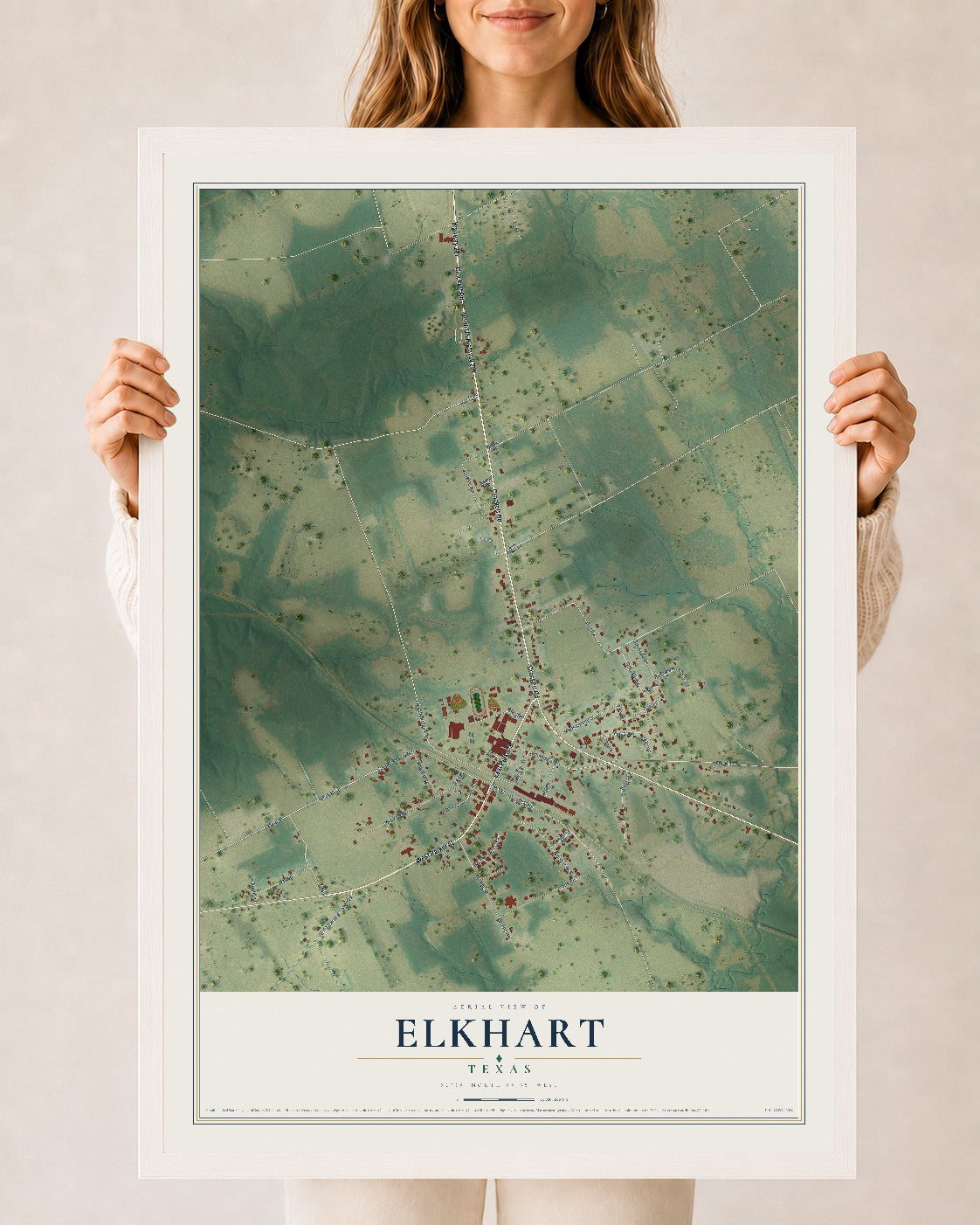 Map of Elkhart, Texas, 24 x 36 inch print in a white wood frame