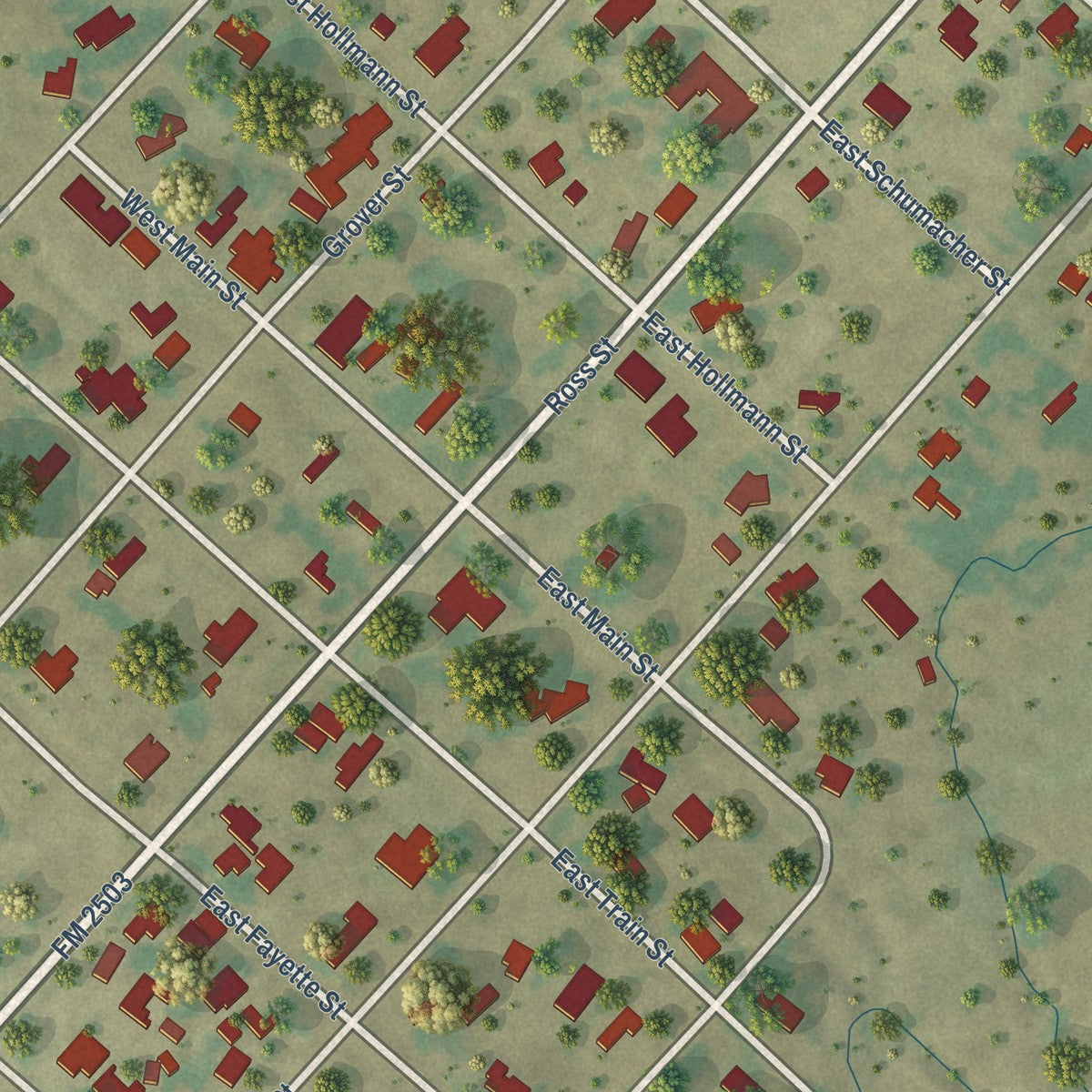 Close-up of the map of Ellinger, Texas print showing street and building detail