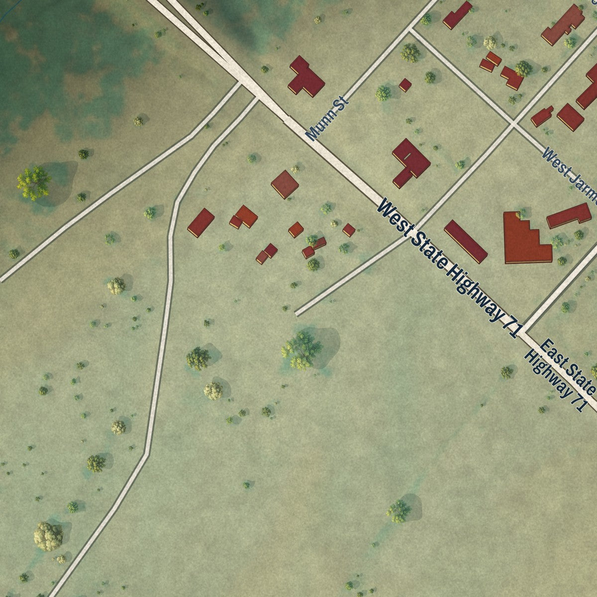 Second close-up of the map of Ellinger, Texas print showing more streets and buildings