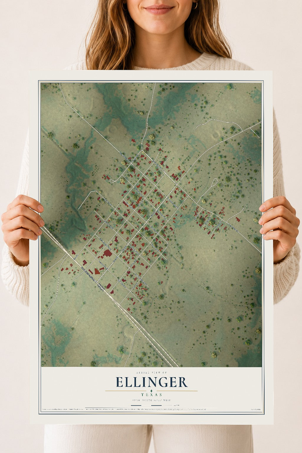 Map of Ellinger, Texas, 18 x 24 inch unframed archival matte print