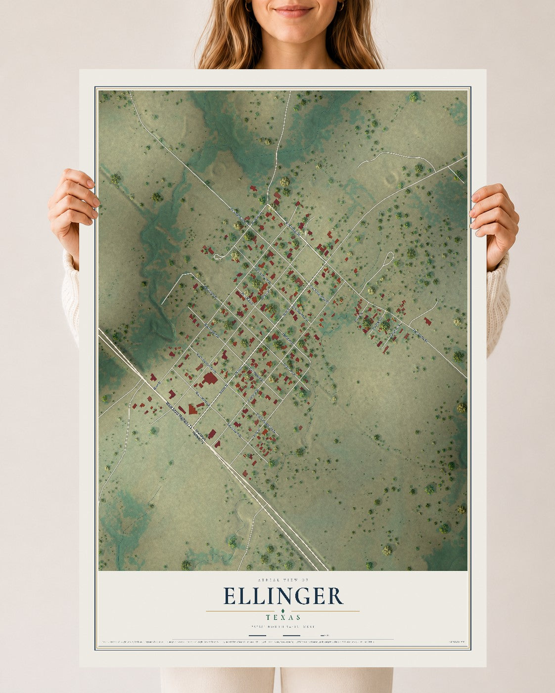 Map of Ellinger, Texas, 24 x 36 inch unframed archival matte print