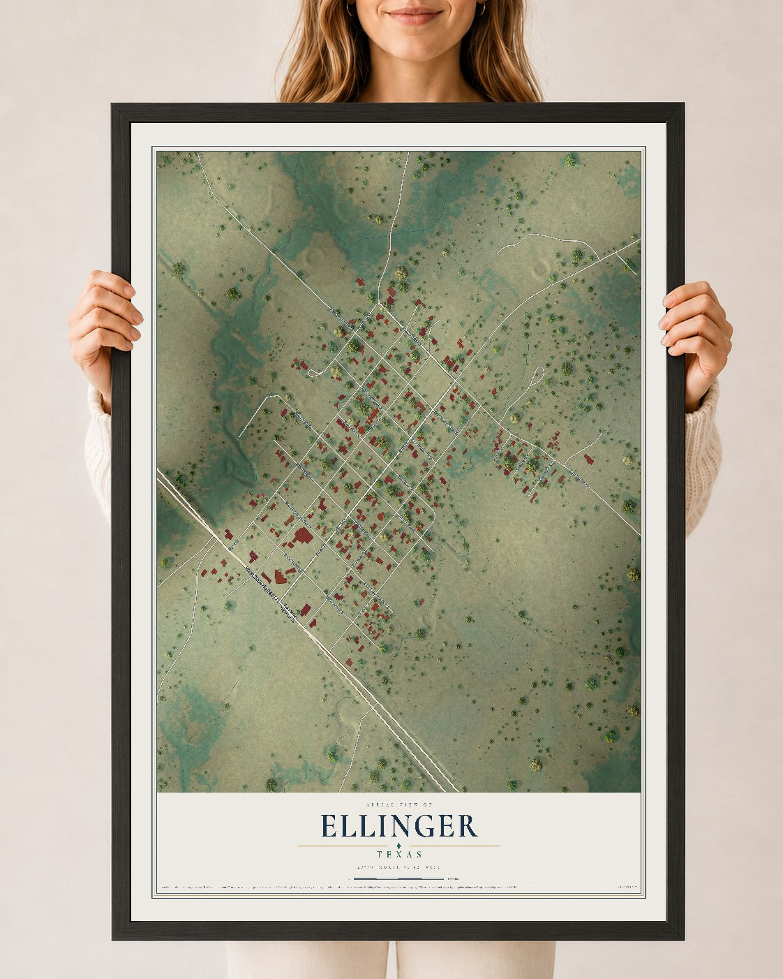Map of Ellinger, Texas, 24 x 36 inch print in a black wood frame