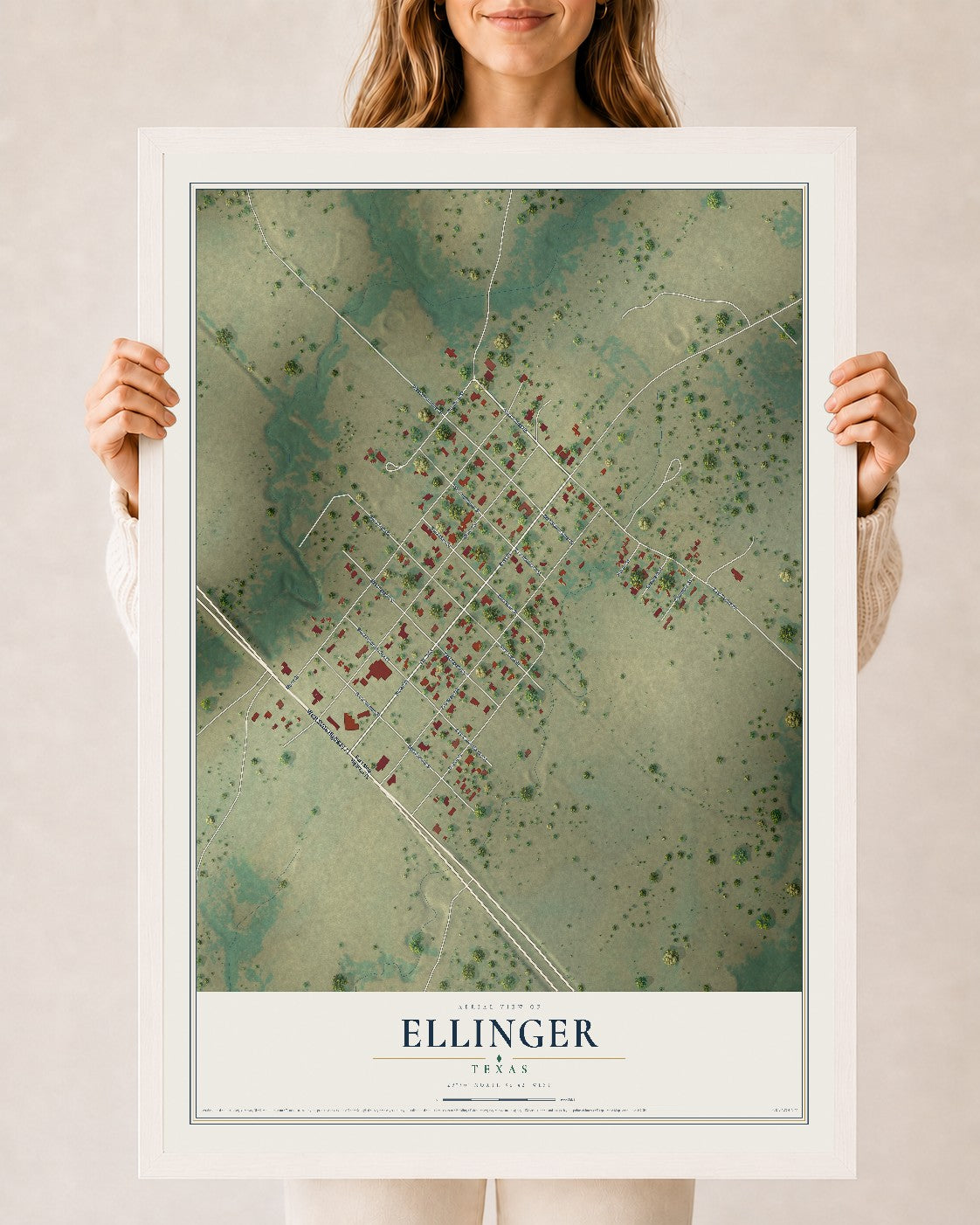 Map of Ellinger, Texas, 24 x 36 inch print in a white wood frame