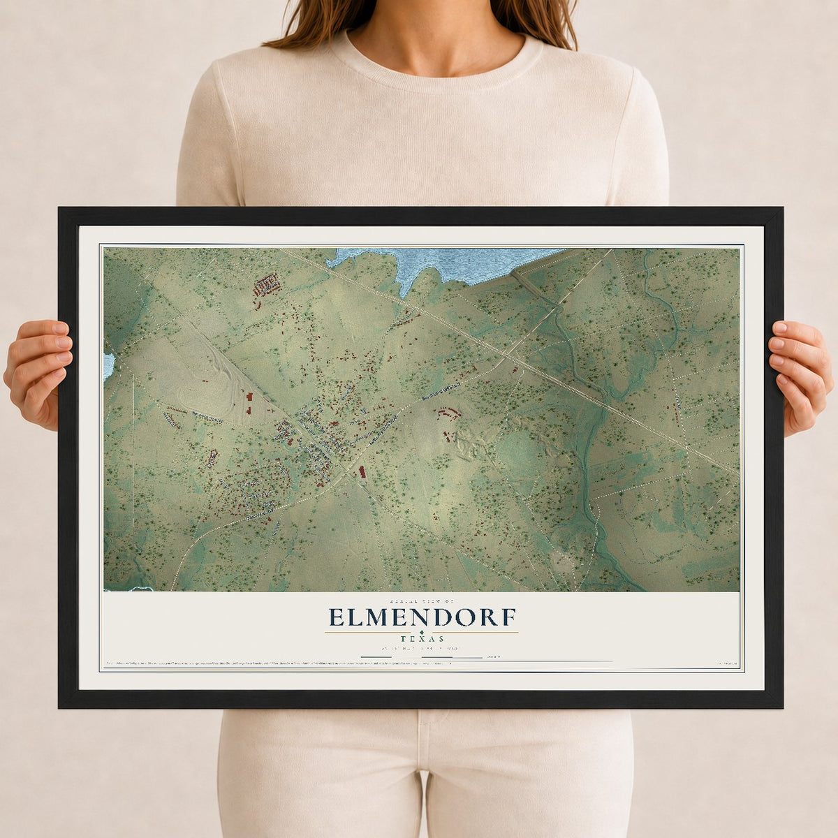 Map of Elmendorf, Texas, 12 x 18 inch print in a black wood frame