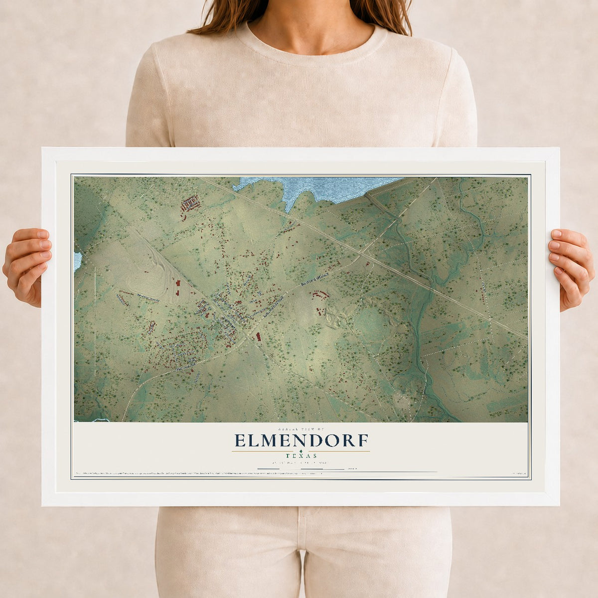 Map of Elmendorf, Texas, 12 x 18 inch print in a white wood frame
