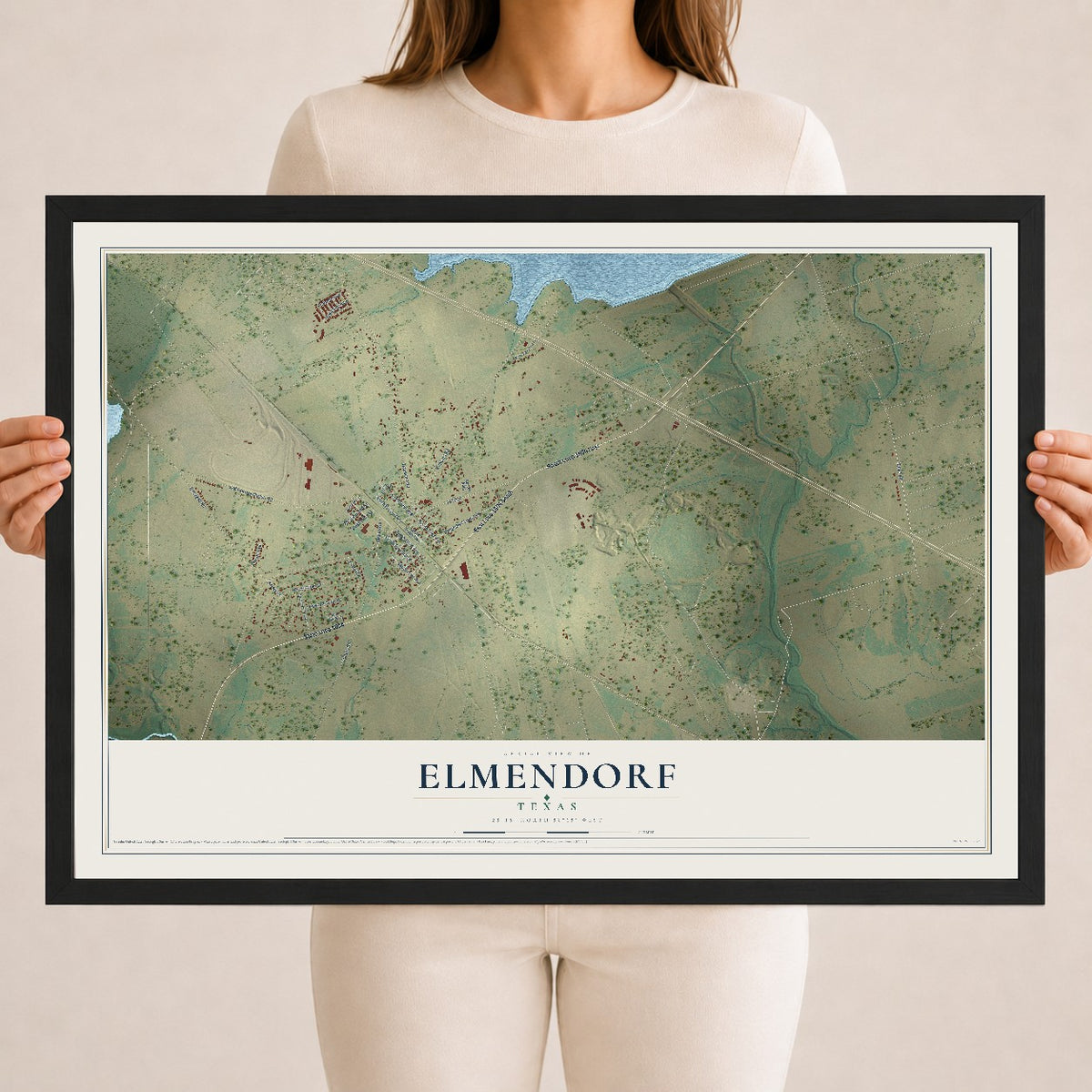 Map of Elmendorf, Texas, 18 x 24 inch print in a black wood frame
