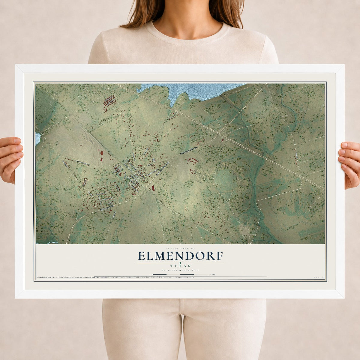 Map of Elmendorf, Texas, 18 x 24 inch print in a white wood frame