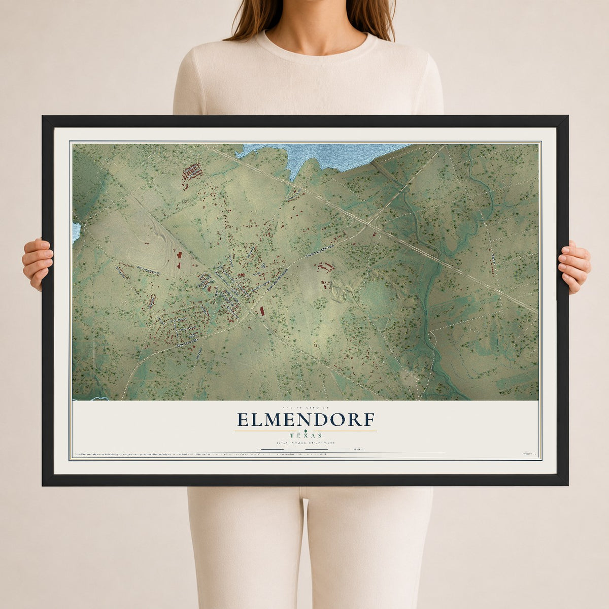 Map of Elmendorf, Texas, 24 x 36 inch print in a black wood frame