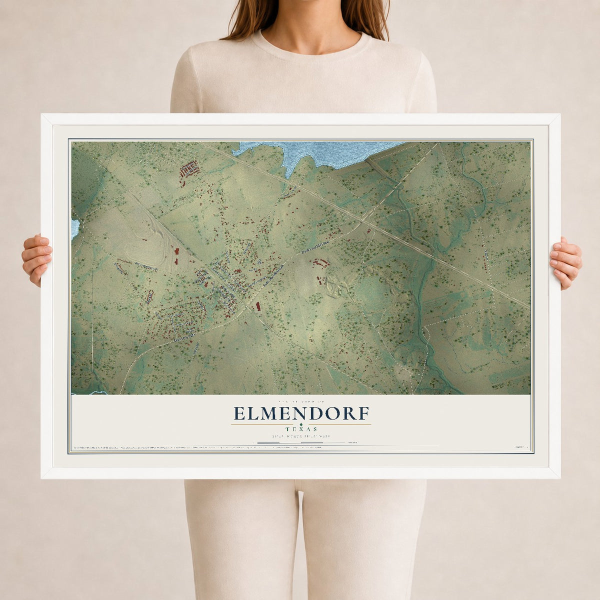 Map of Elmendorf, Texas, 24 x 36 inch print in a white wood frame