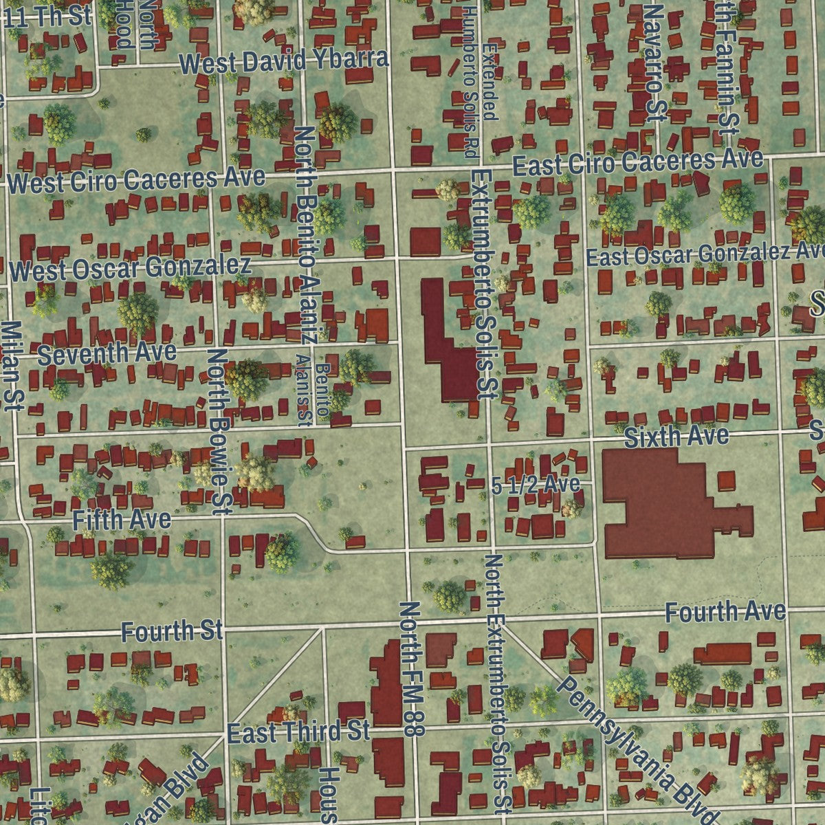 Close-up of the map of Elsa, Texas print showing street and building detail