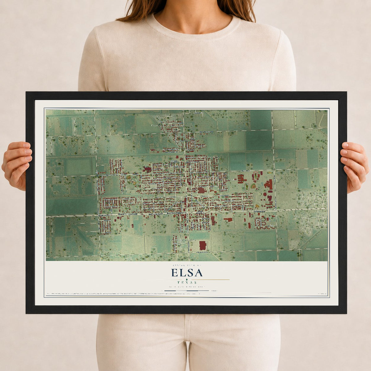 Map of Elsa, Texas, 12 x 18 inch print in a black wood frame