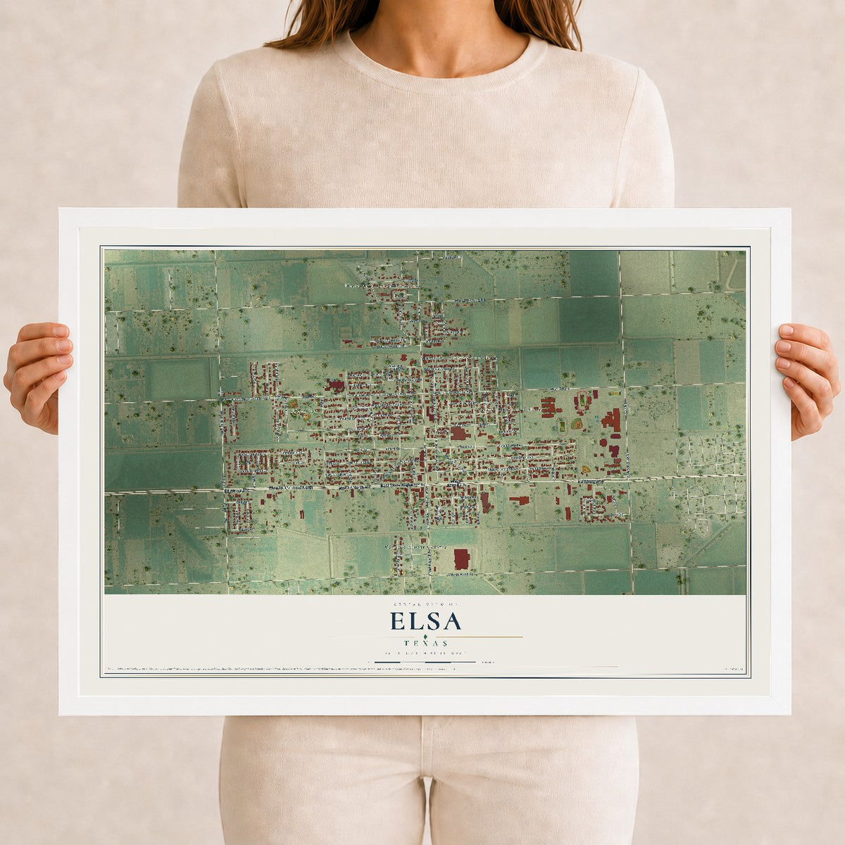 Map of Elsa, Texas, 12 x 18 inch print in a white wood frame