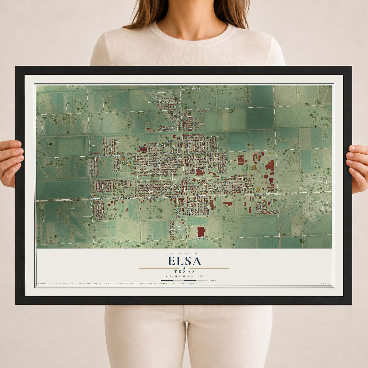 Map of Elsa, Texas, 18 x 24 inch print in a black wood frame