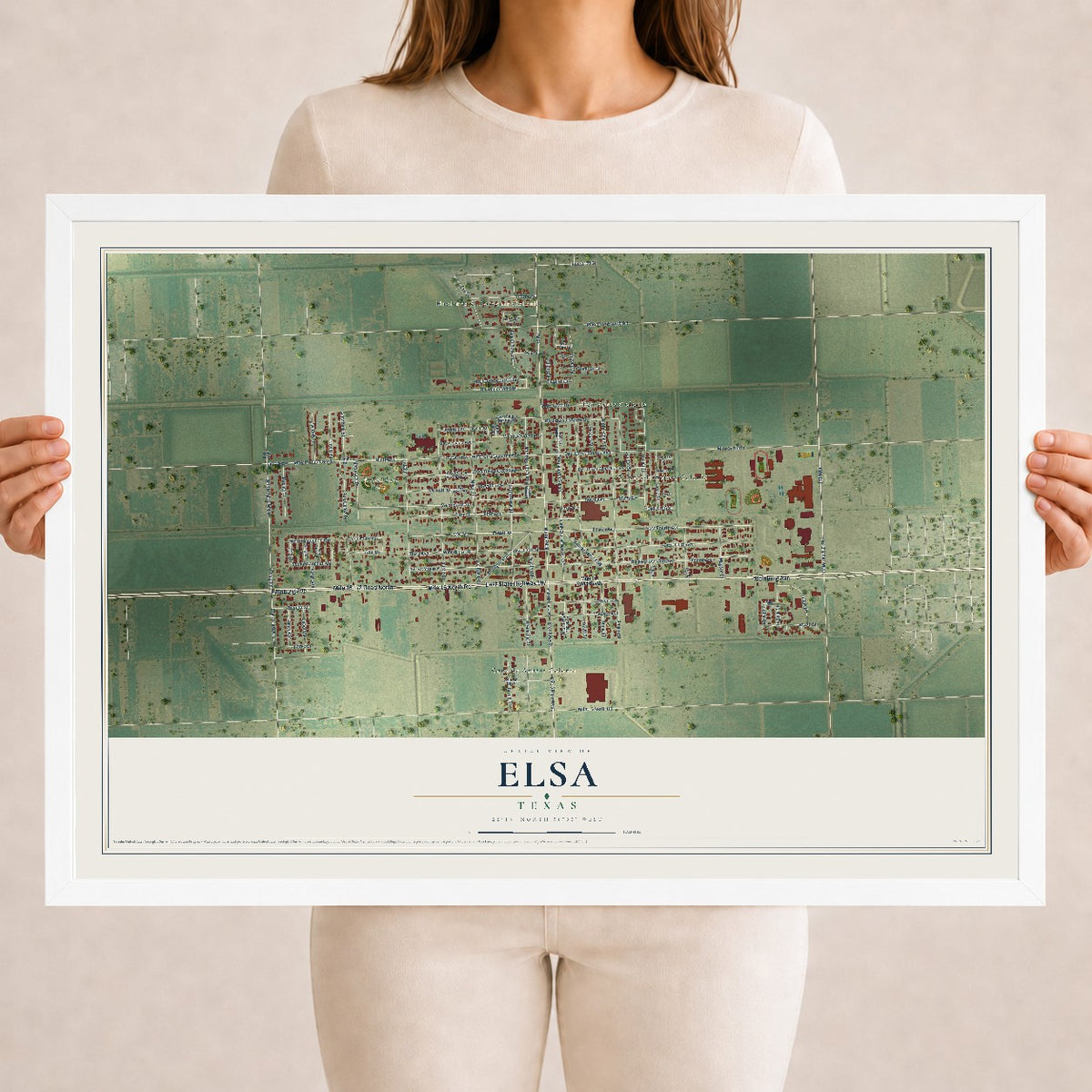 Map of Elsa, Texas, 18 x 24 inch print in a white wood frame