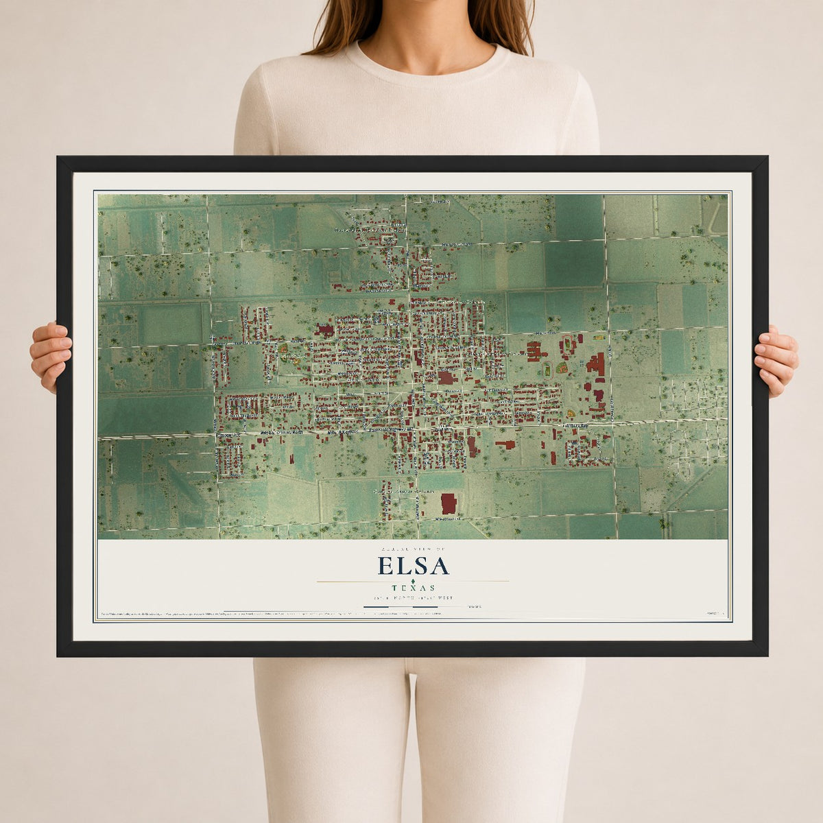 Map of Elsa, Texas, 24 x 36 inch print in a black wood frame