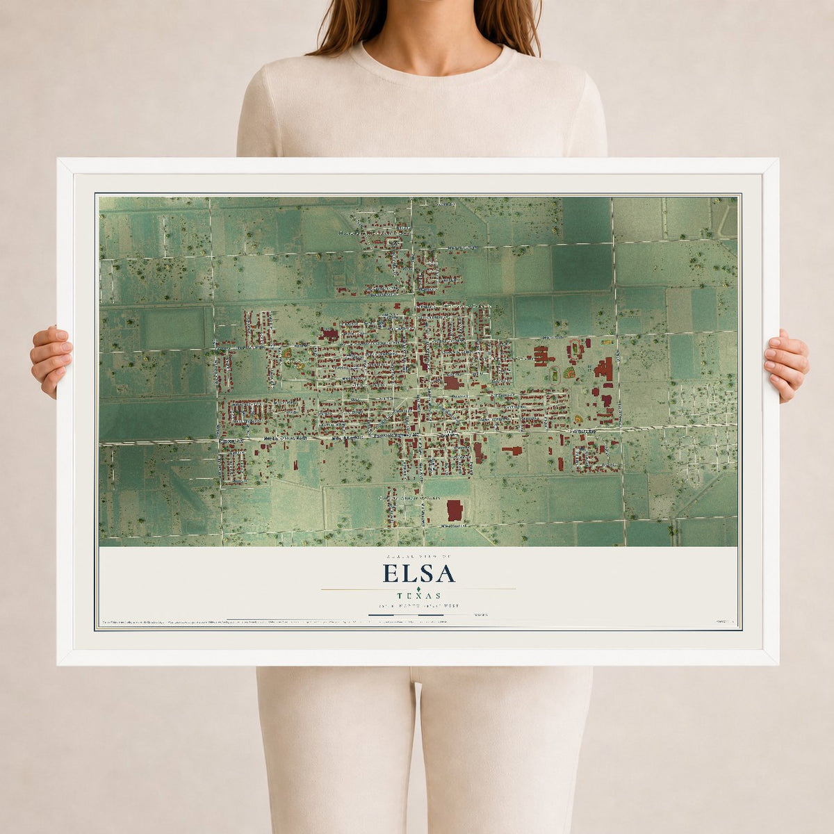 Map of Elsa, Texas, 24 x 36 inch print in a white wood frame