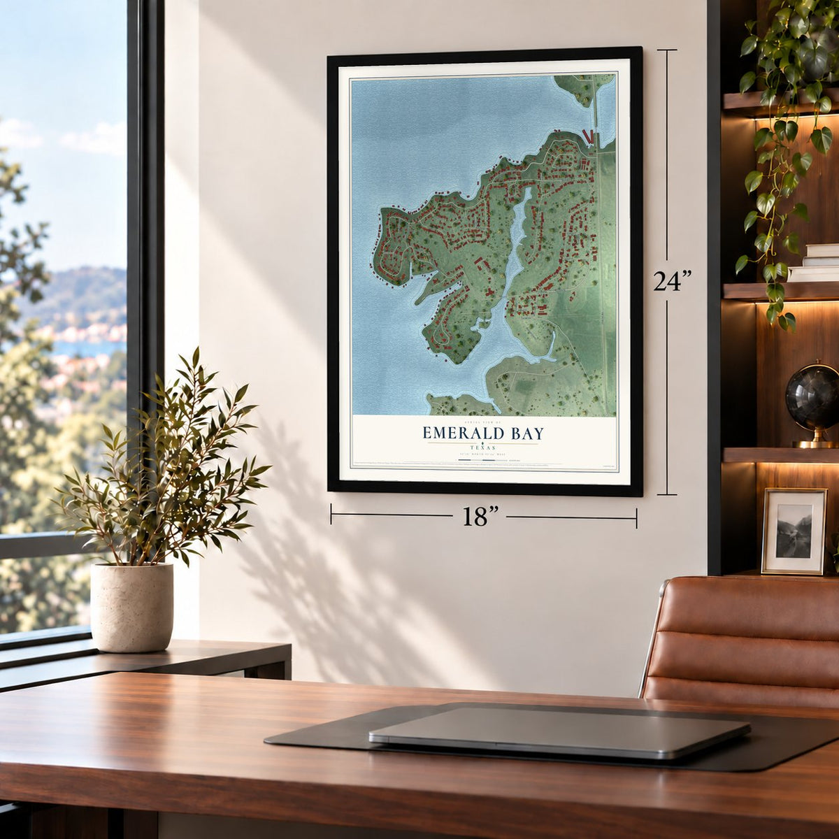 Emerald Bay, Texas map, 18 x 24 inch print in a black frame in a home office