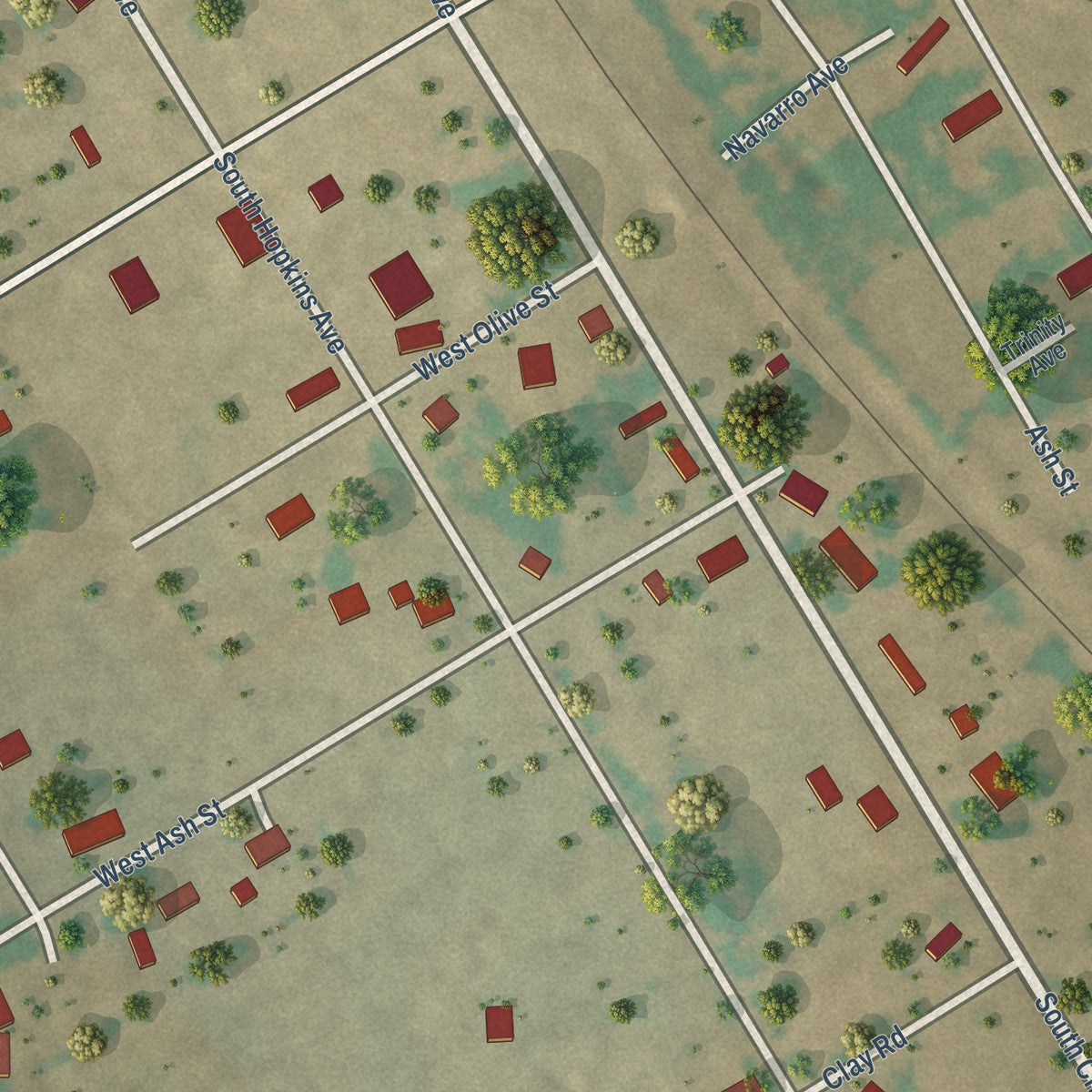 Close-up of the map of Emhouse, Texas print showing street and building detail