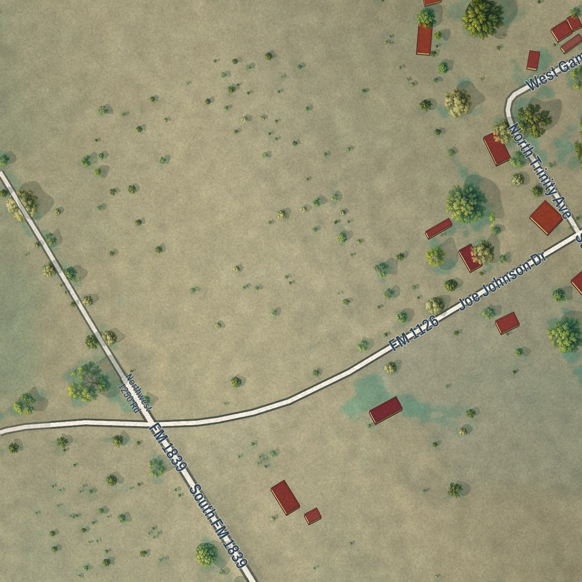 Second close-up of the map of Emhouse, Texas print showing more streets and buildings