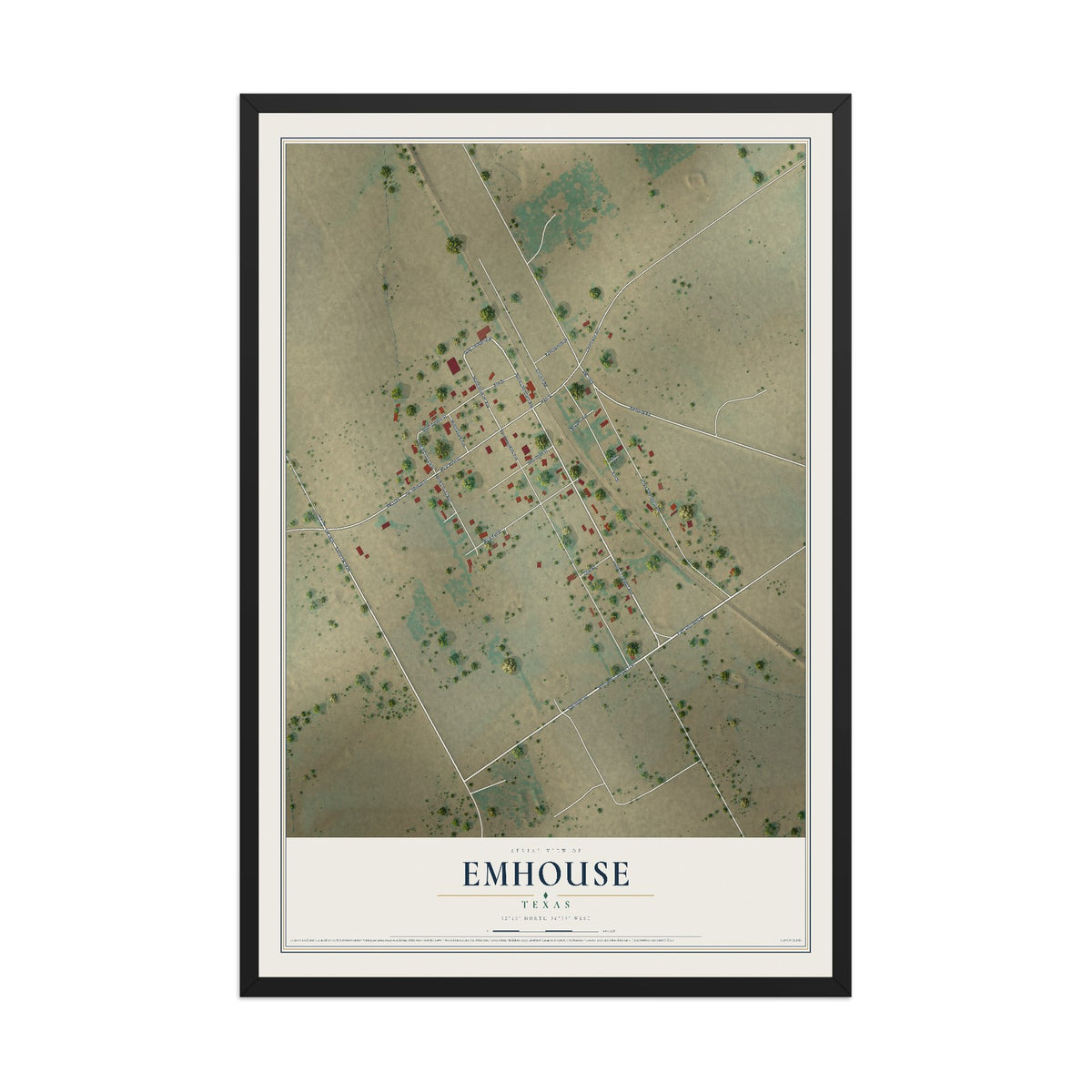 Map of Emhouse, Texas, 12 x 18 inch print in a black wood frame