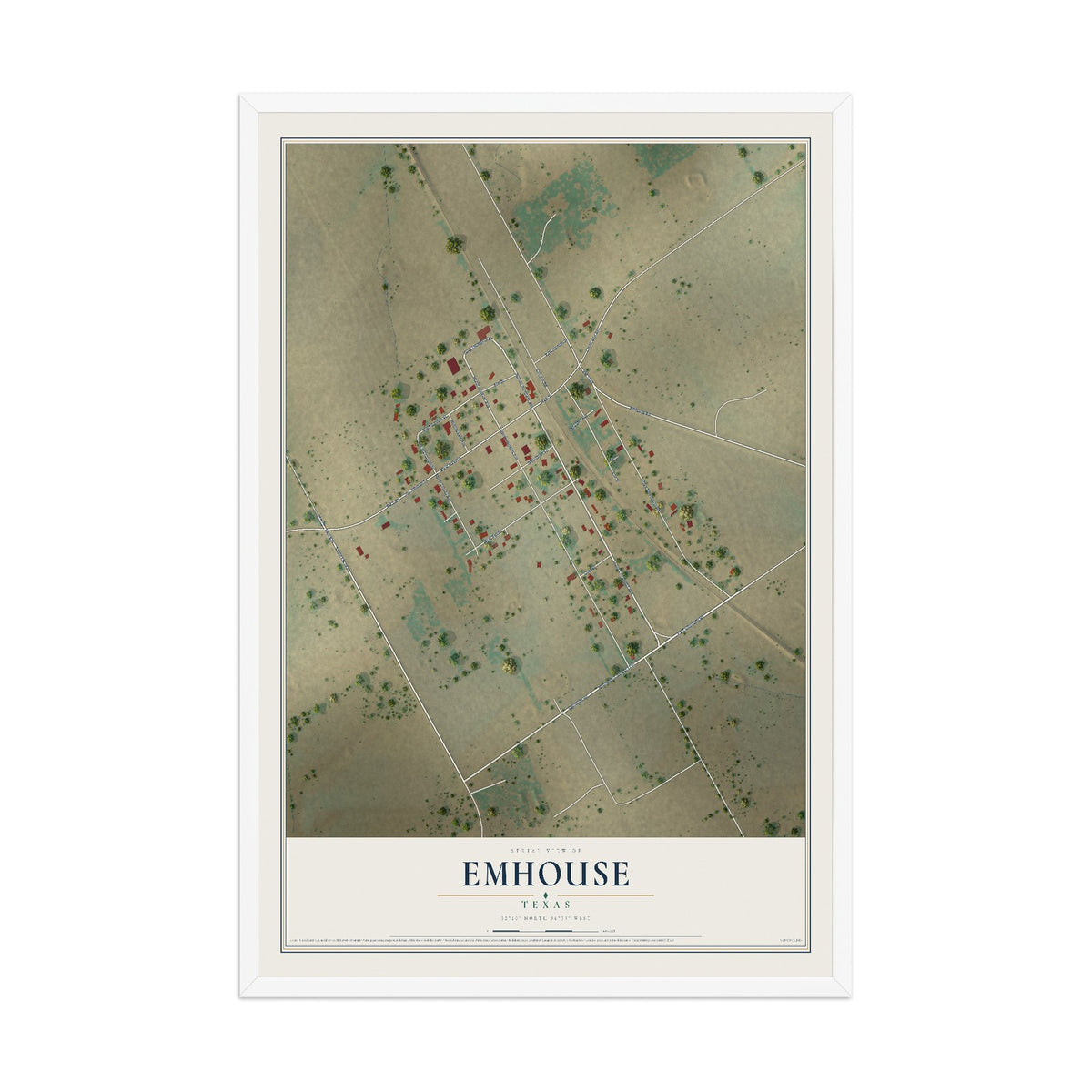 Map of Emhouse, Texas, 12 x 18 inch print in a white wood frame