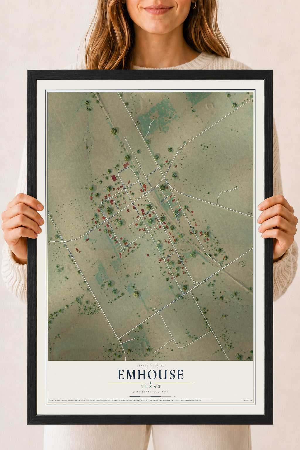 Map of Emhouse, Texas, 18 x 24 inch print in a black wood frame