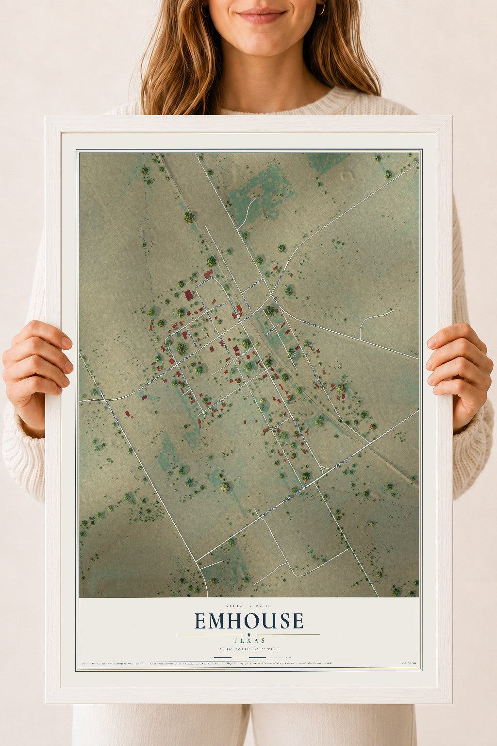 Map of Emhouse, Texas, 18 x 24 inch print in a white wood frame