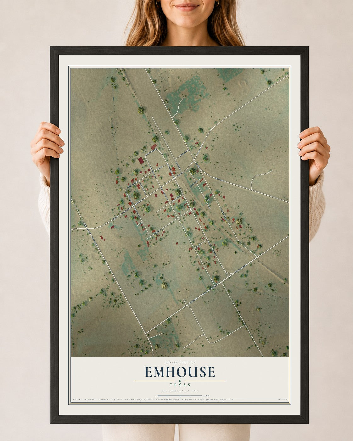 Map of Emhouse, Texas, 24 x 36 inch print in a black wood frame