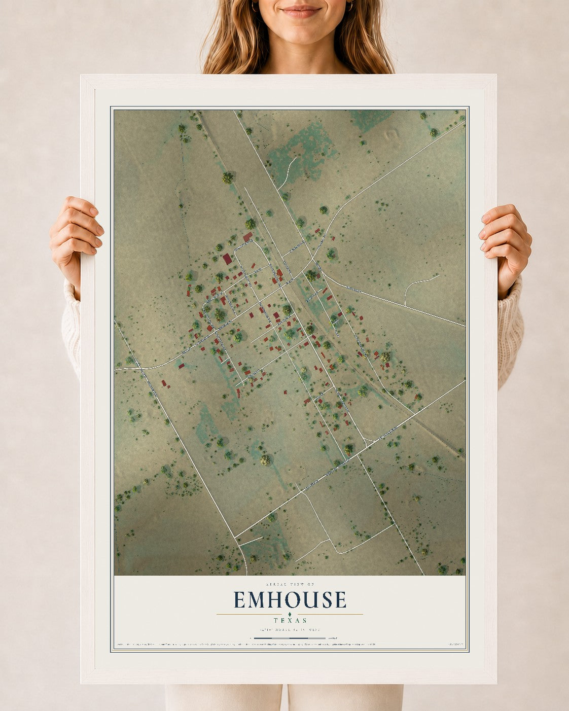 Map of Emhouse, Texas, 24 x 36 inch print in a white wood frame