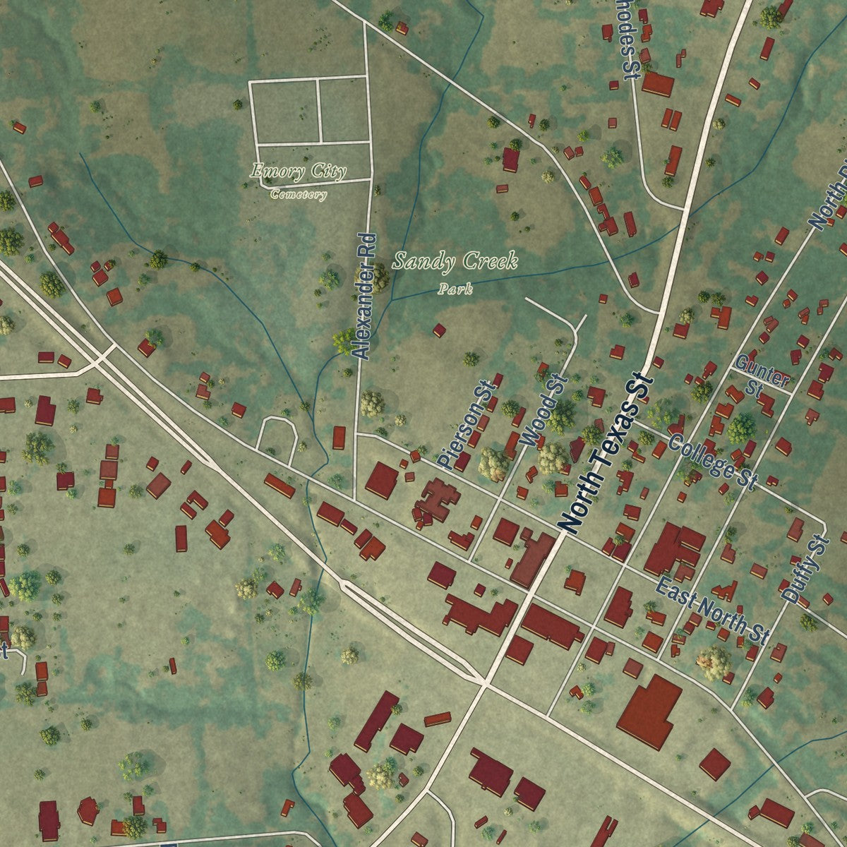 Close-up of the map of Emory, Texas print showing street and building detail