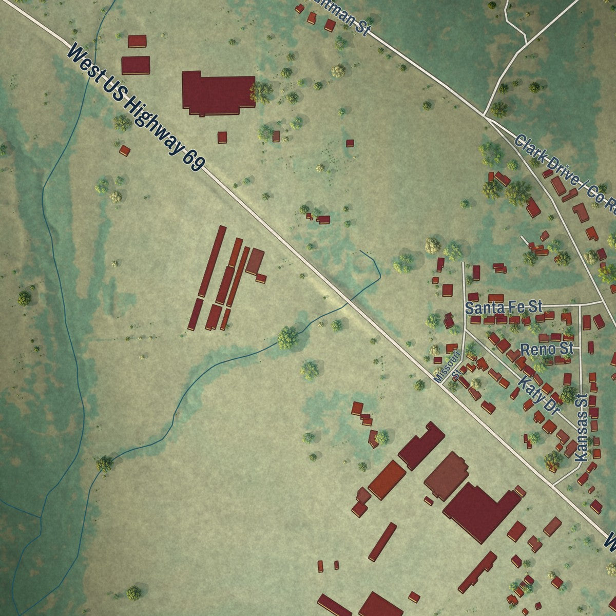 Second close-up of the map of Emory, Texas print showing more streets and buildings