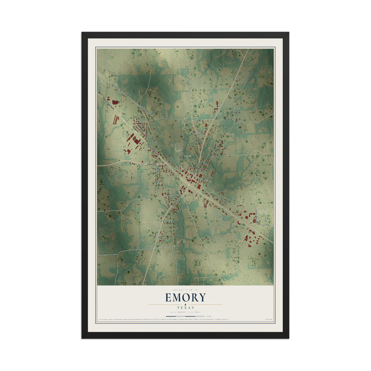 Map of Emory, Texas, 12 x 18 inch print in a black wood frame