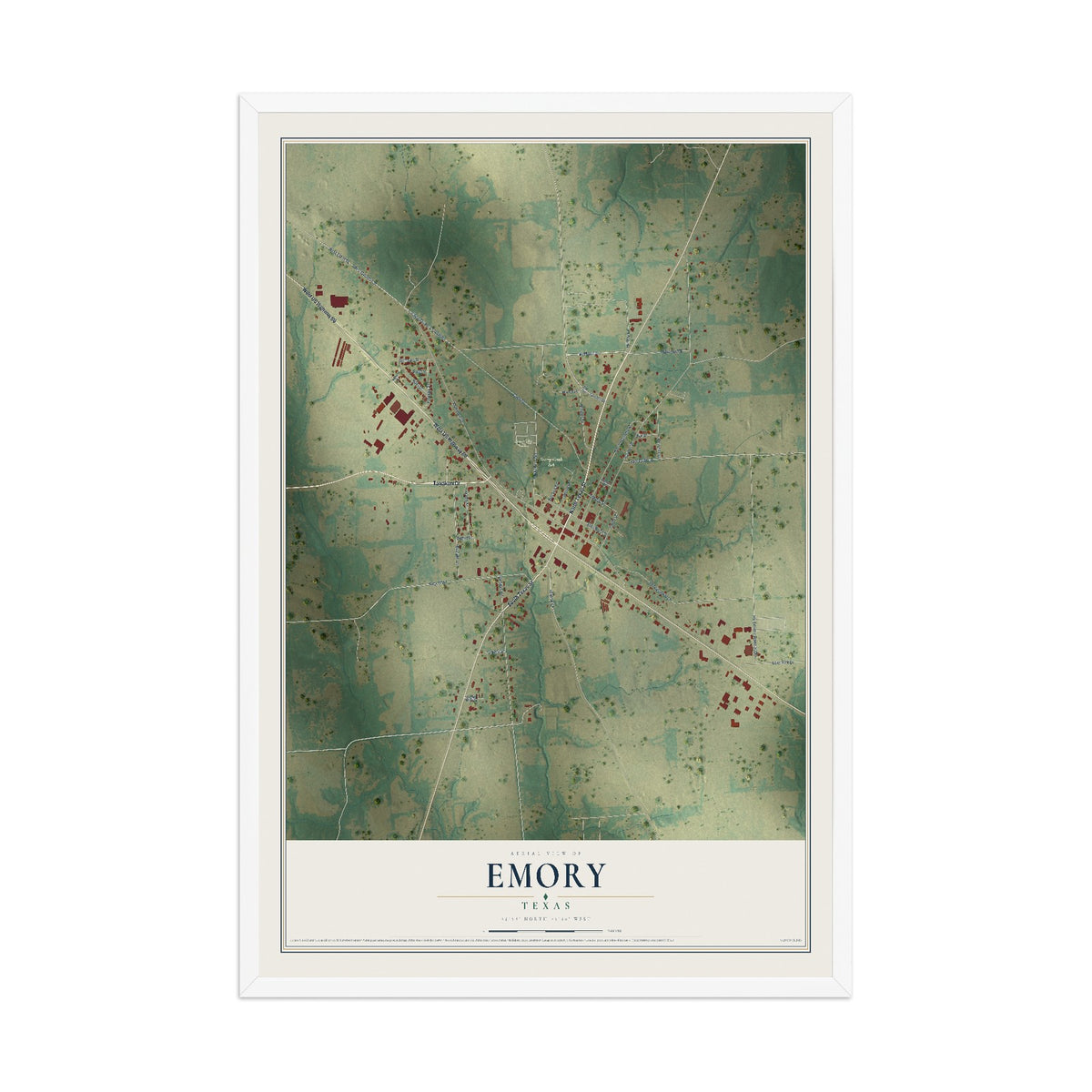 Map of Emory, Texas, 12 x 18 inch print in a white wood frame