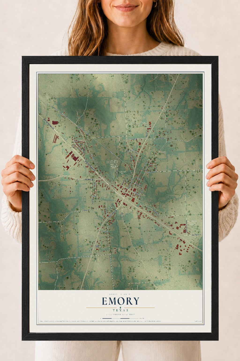 Map of Emory, Texas, 18 x 24 inch print in a black wood frame