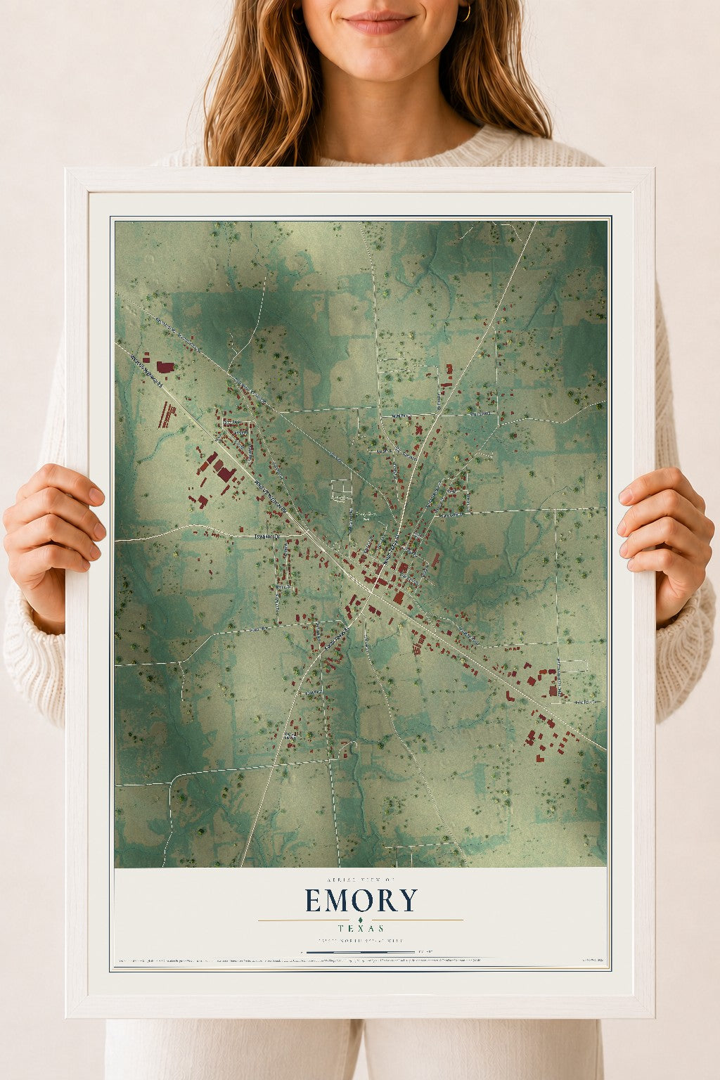 Map of Emory, Texas, 18 x 24 inch print in a white wood frame