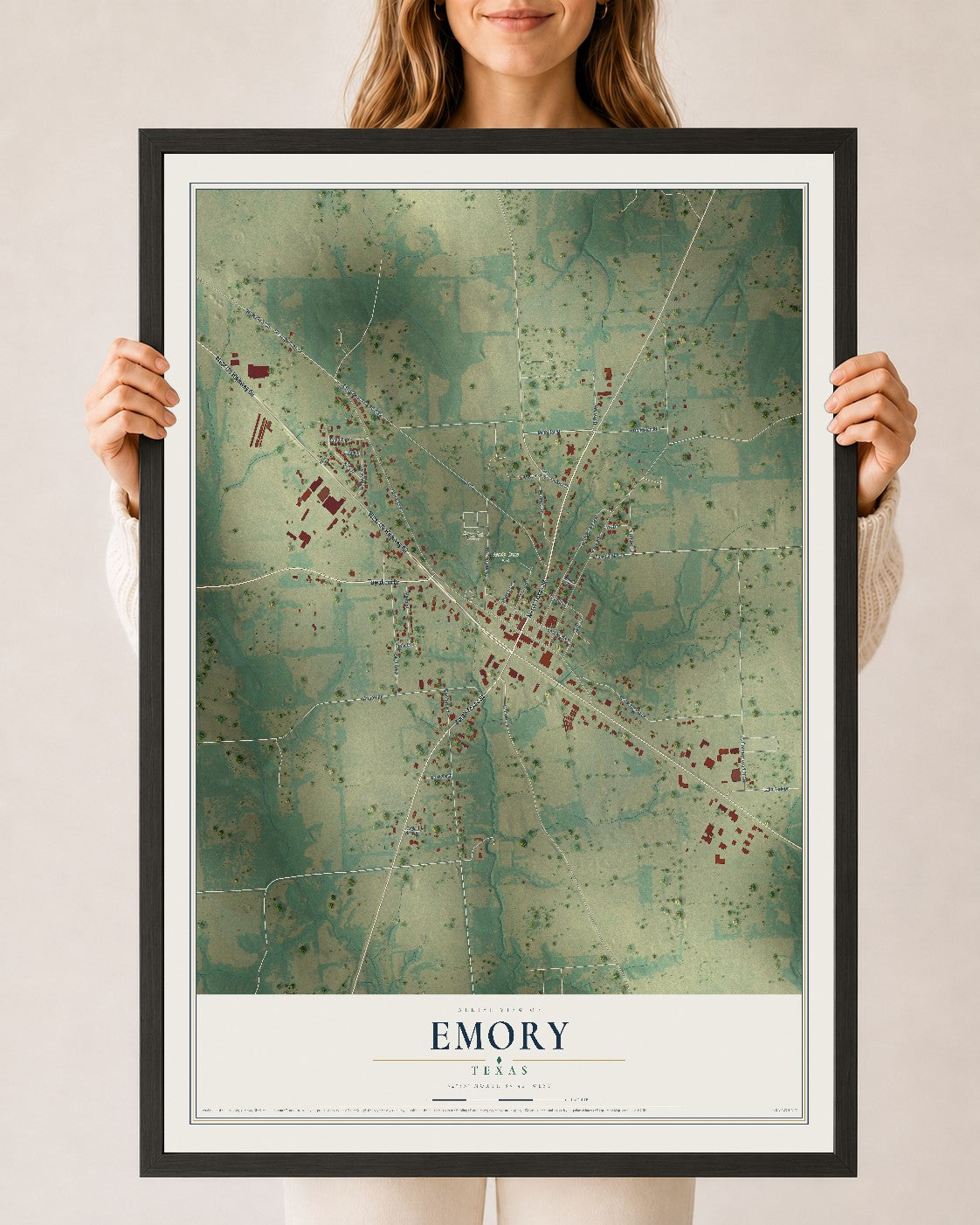 Map of Emory, Texas, 24 x 36 inch print in a black wood frame