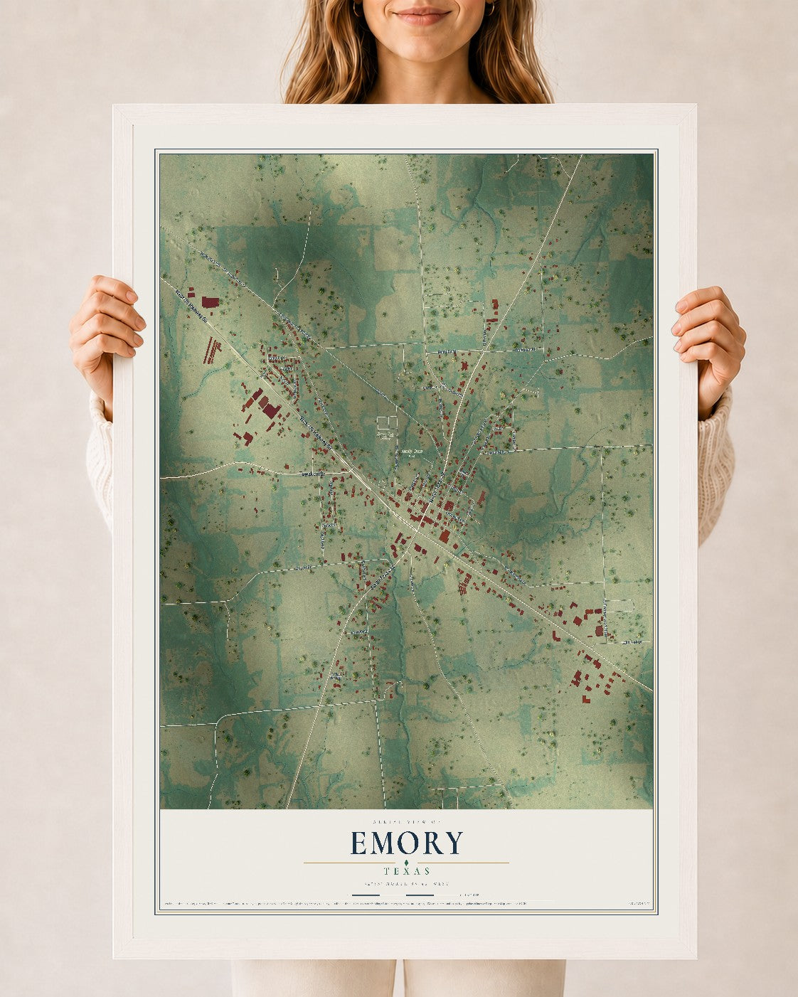 Map of Emory, Texas, 24 x 36 inch print in a white wood frame