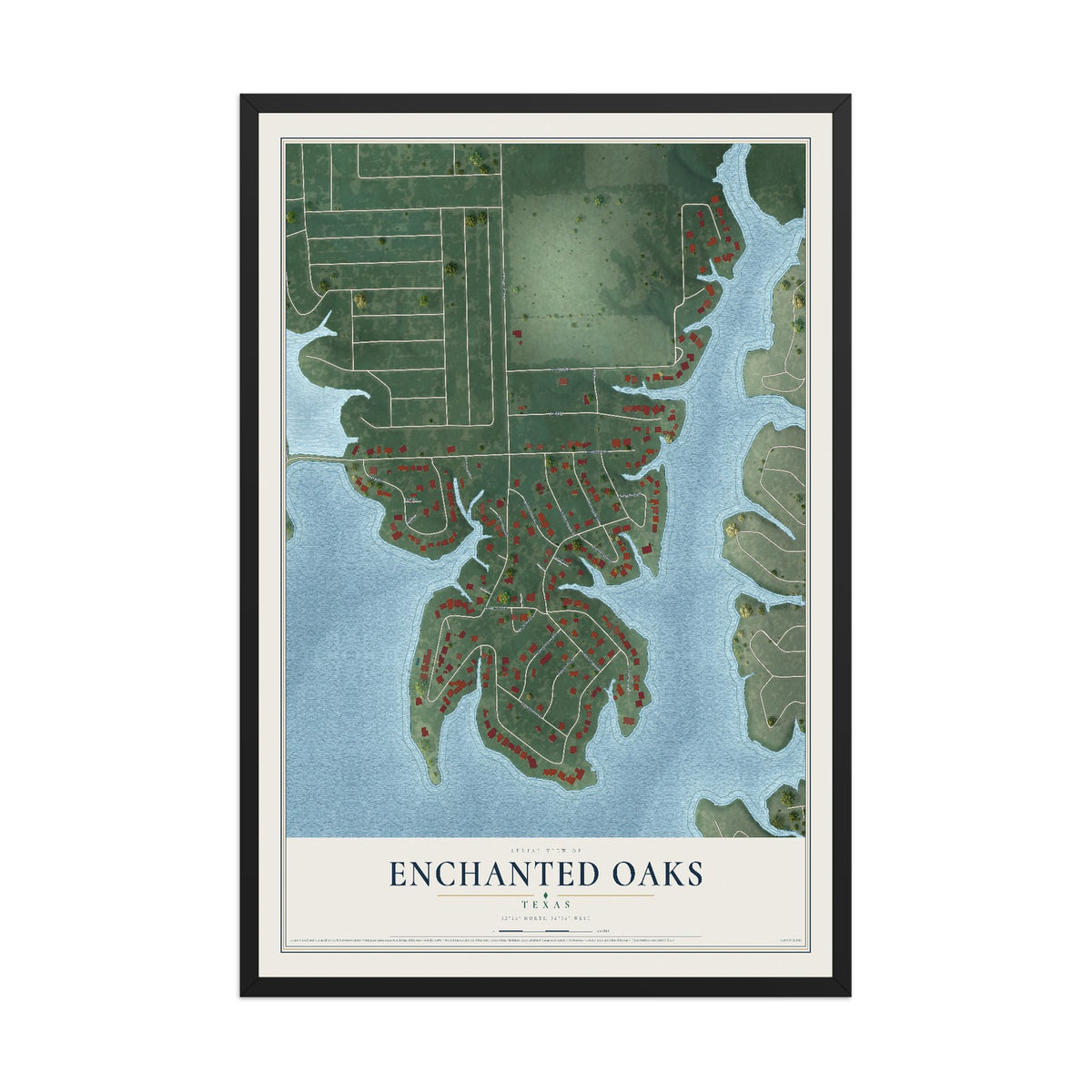 Map of Enchanted Oaks, Texas, 12 x 18 inch print in a black wood frame