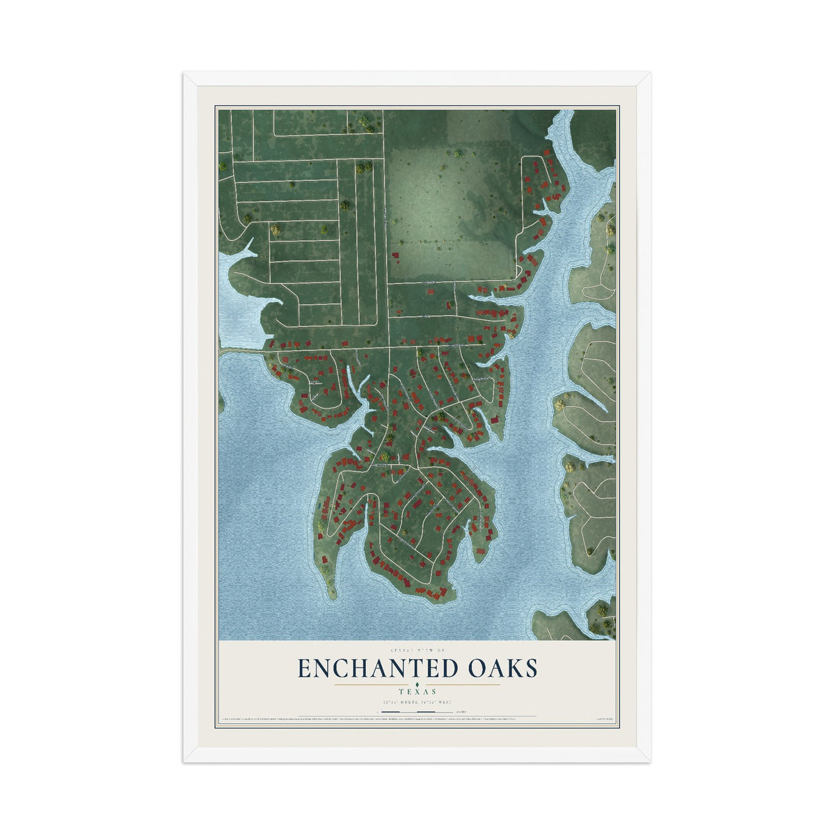 Map of Enchanted Oaks, Texas, 12 x 18 inch print in a white wood frame