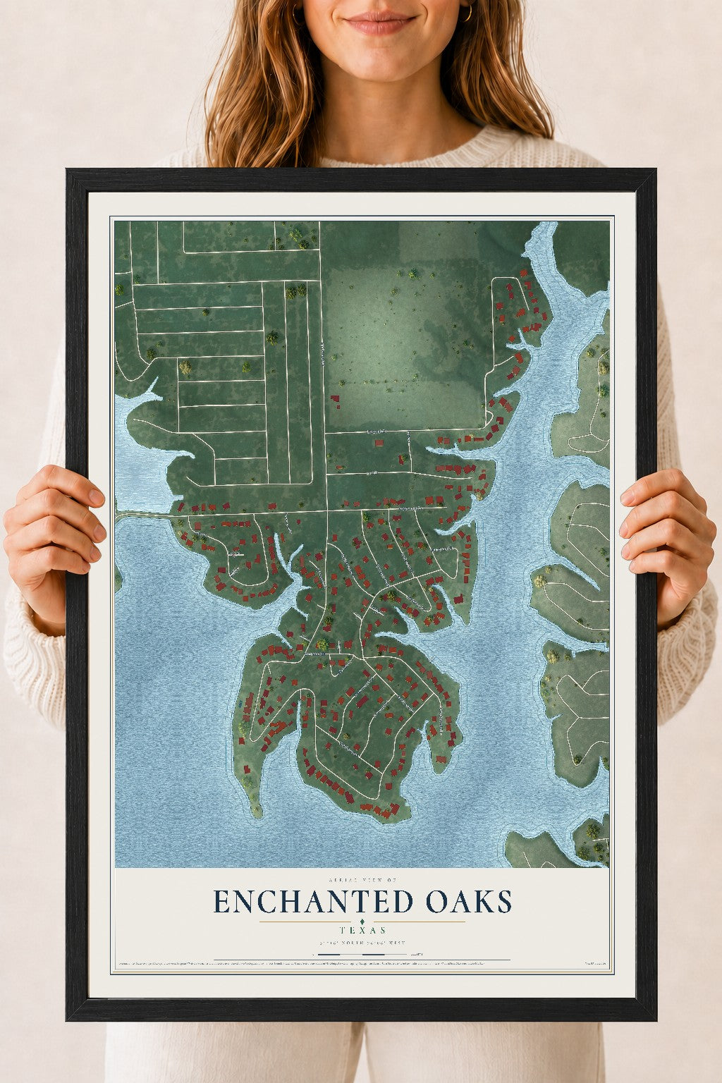 Map of Enchanted Oaks, Texas, 18 x 24 inch print in a black wood frame